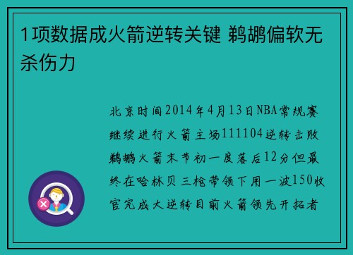 1项数据成火箭逆转关键 鹈鹕偏软无杀伤力